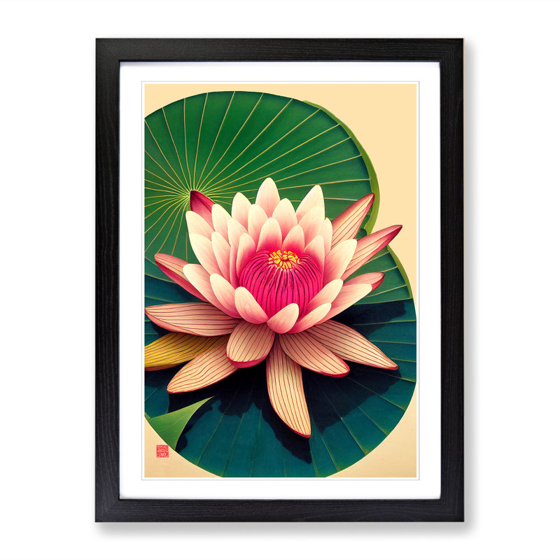 Water Lily Flower Chinese - Picture Frame Print, 64cm H x 46cm W x 2cm D, Walnut
