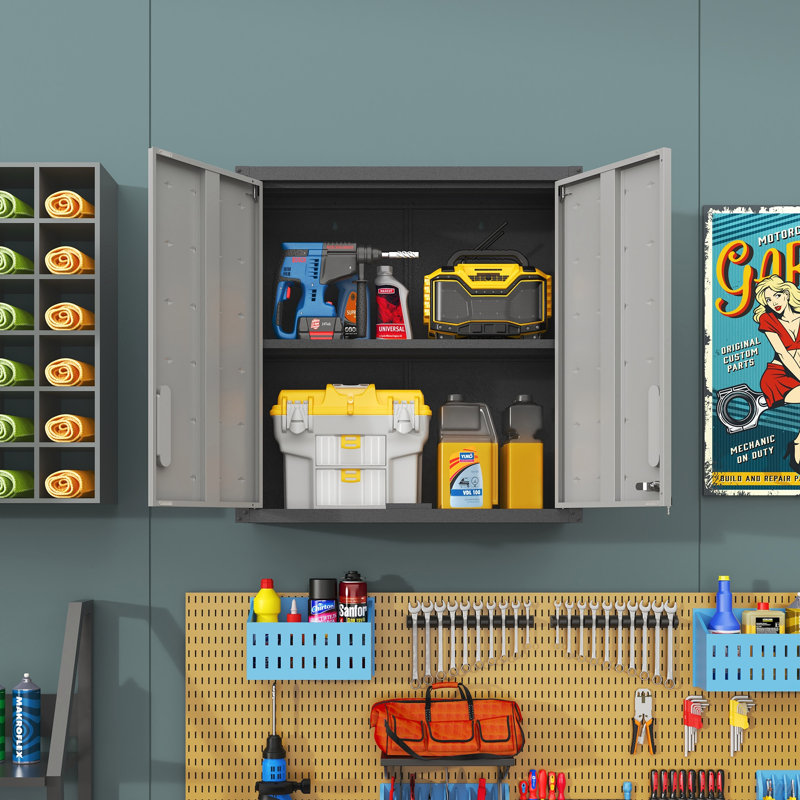 Metal Wall-Mounted Tool Storage Cabinet With Locking Door And 1 Shelf 1 Opened Drawer For Garage Warehouse,Office,Assembly Required (Cabinet)