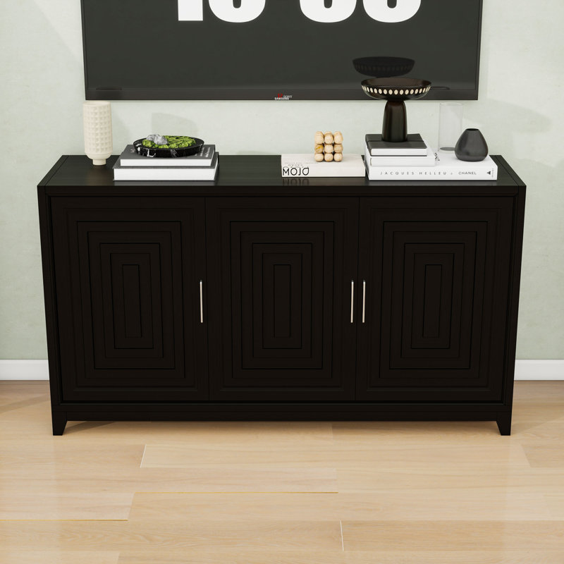 Buffet bahut avec armoires de rangement réglables, meuble télé de 65 pouces avec pieds en bois massif, Noir