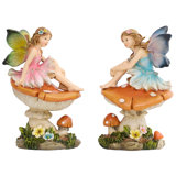 6"Resin Set Of 2 Cute Fairies Sitting On Mushroom Garden Statues