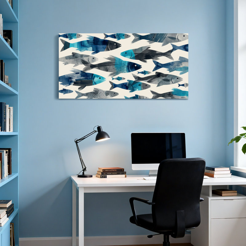 Motif de poissons animaux dans les tons de bleu et de gris, H 20 po x l 40 po