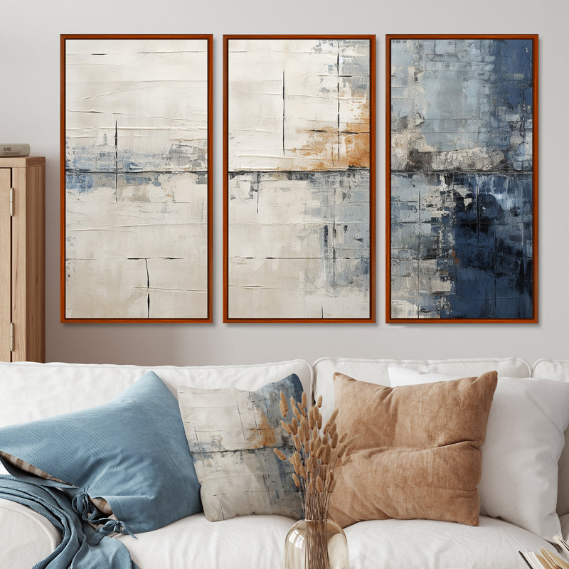 «Abstract Blue Beige Road Collage II», ensemble d'art mural sur toile, H 40 po x l 60 po x P 1 po, Cadre flottant brun
