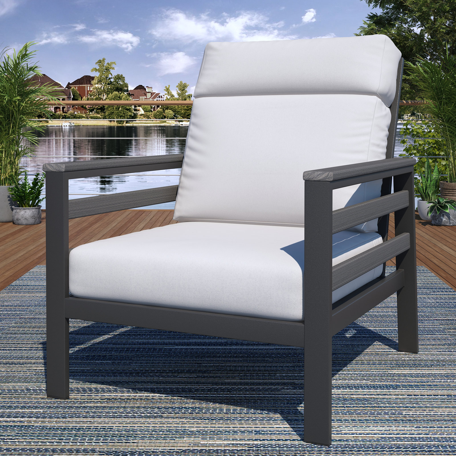 Townsend Metal Outdoor Lounge Club Chair With Sunbrella Cushion, Canvas White, Gray