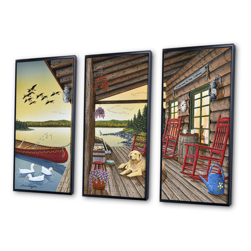Welcome To The Cabin - Lakehouse, ensemble de 3 toiles encadrées, H 32 po x l 48 po x P 1 po, Cadre noir