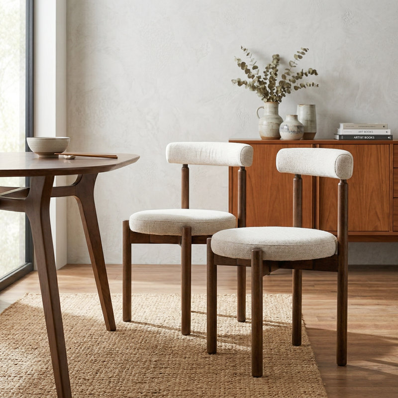 Skara Set of Two Walnut Effect Solid Wood Dining Chairs, Cream