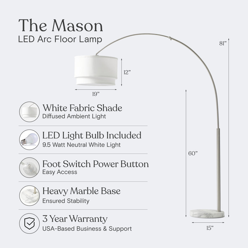 Mason 81 in. Modern Adjustable LED Arched Standing Floor Lamp with Fabric Drum Shade and Weighted Marble Base, Nickel