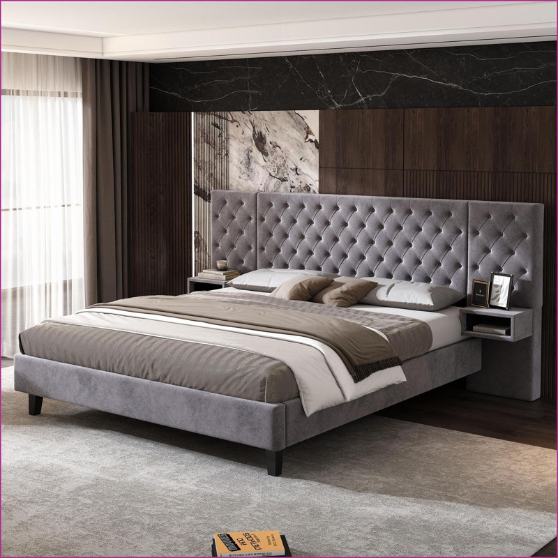Très grand lit plateforme en velours avec 2 tables de chevet sans sommier gris pour la chambre principale