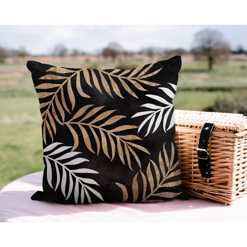 Coussin intérieur / extérieur Bobo Fern, Noir / or / blanc, L 15 po x H 15 po