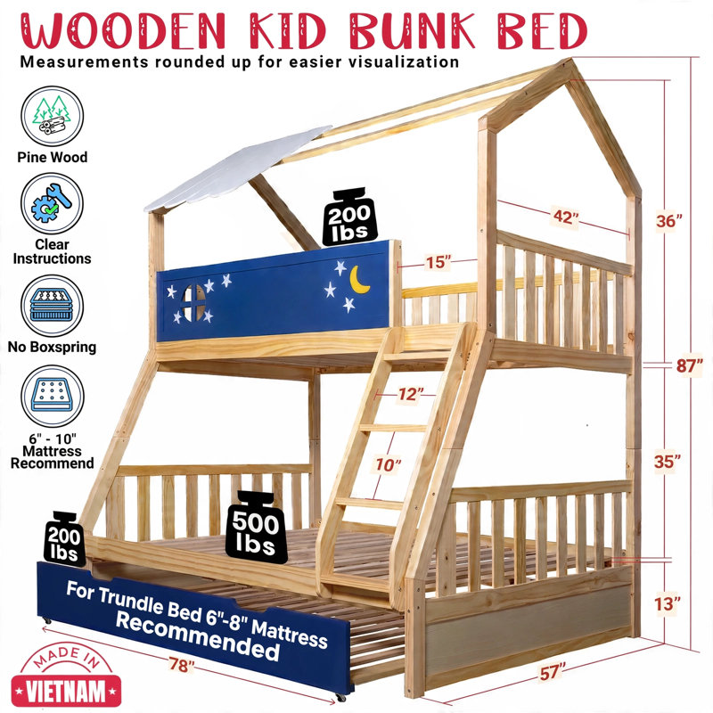 Lit superposé simple au-dessus de double Arozu, lit pour enfants en bois avec ciel de nuit en forme de garde-corps et échelle, 2 tiroirs de rangement en bois de pin, autocollants supplémentaires offerts, sécurité, non toxique, bleu marine et naturel.