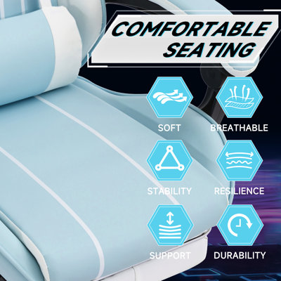 Fauteuil de jeu ergonomique en cuir bleu avec massage lombaire rotatif à 360 ° et siège réglable confortable, repose-pieds rétractable inclinable