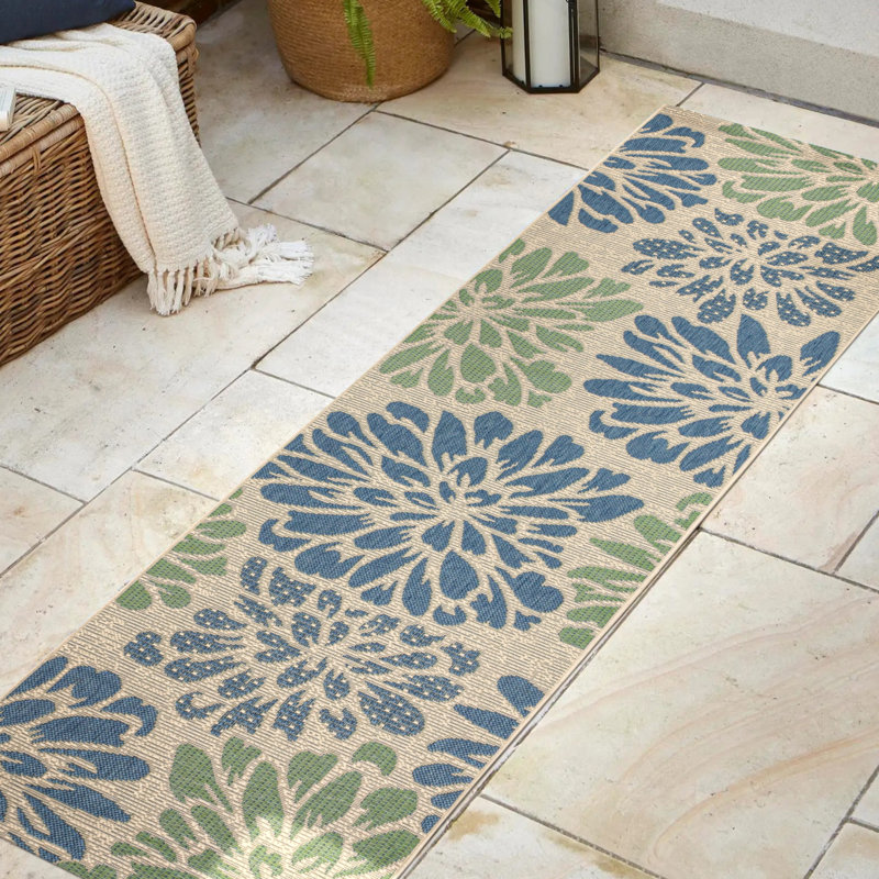 Tapis d'intérieur / extérieur bleu marine / vert à motif floral texturé Hagy, Tapis de couloir 2 pi 2 po x 20 pi