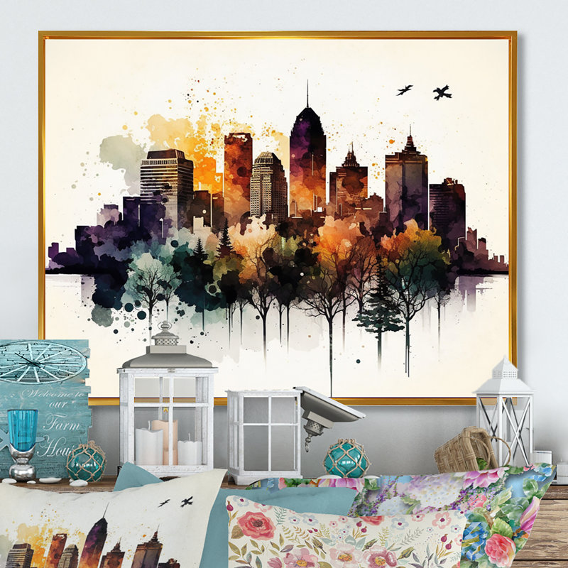 Montréal en automne I - reproduction sur toile, H 30 po x l 40 po x P 1,5 po, Toile avec cadre flottant or