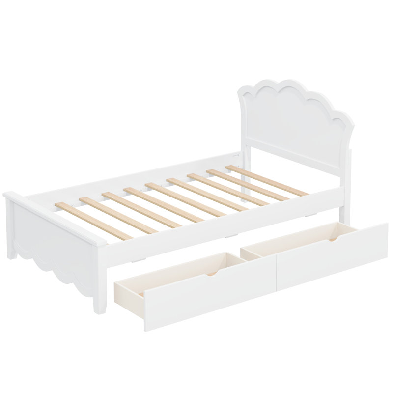 Lit plateforme simple en bois avec tête de lit et deux tiroirs, blanc, Lit simple