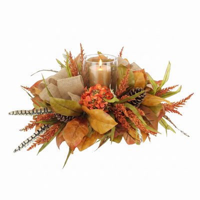 Fall Candleholder Centerpiece with Hydrangeas, Wheat and Pinecones