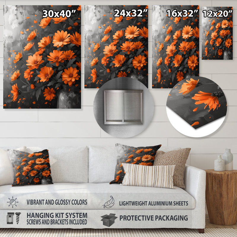  «Orange Black Autumn Blaze Mums - Mums Wall Art Living Room, Sans cadre, métal, H 12 po x l 20 po