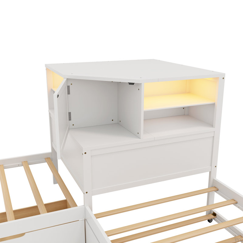 Lit plateforme simple en L avec lit gigogne et tiroir 3 en 1, Blanc