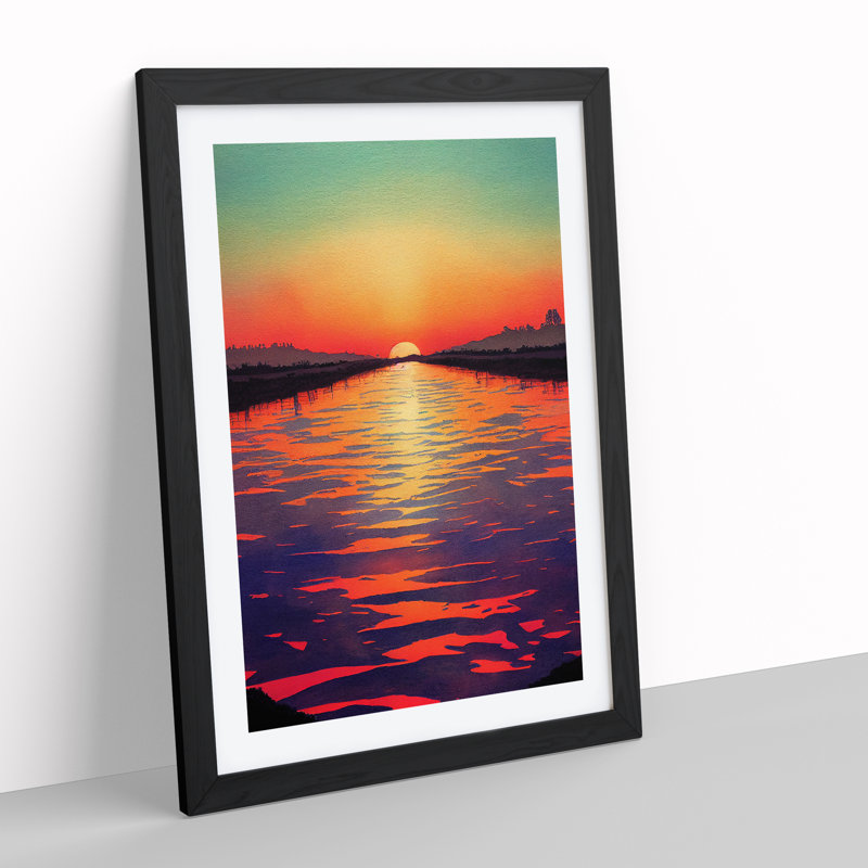 Sunset Watercolour Art No.3 - Wall Art, 48cm H x 36cm W x 2cm D, White, Black Framed Paper
