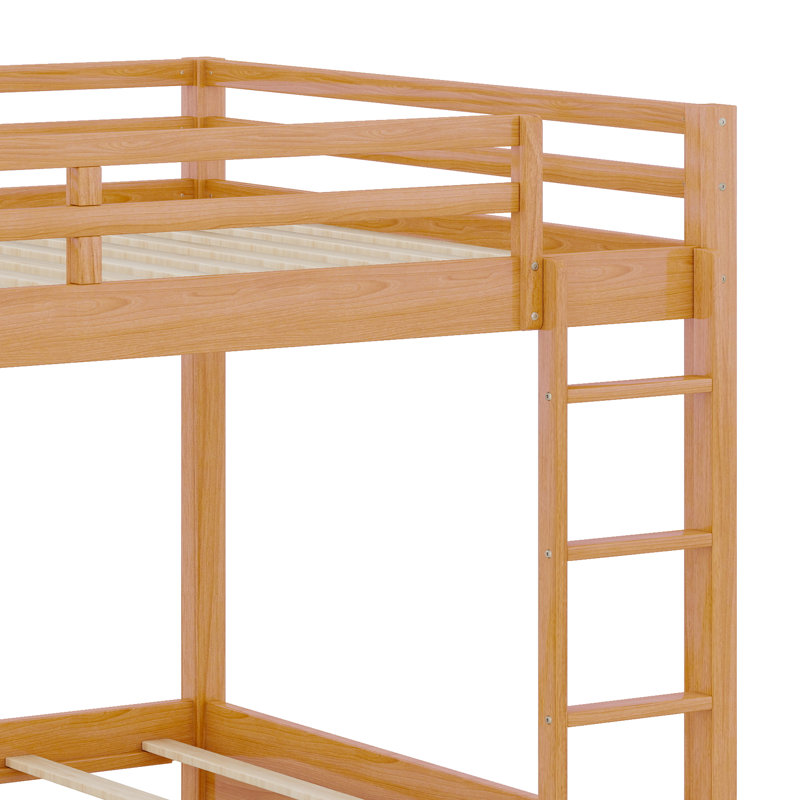 Solid Wood Floor Bunk Bed With Wood Slat Support, Ladder And Guardrail, Wood