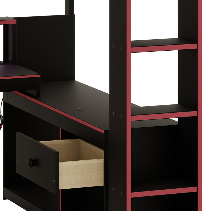 Lit mezzanine de jeu avec bureau, éclairage DEL et borne de recharge pour dormir et étudier, Lit double