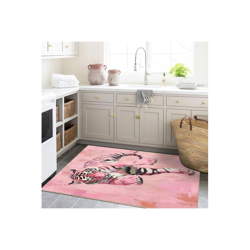 Tapis décoratif tissé à motif tigre rose pastel lavable à la machine, Rectangle 3 pi 3 po x 4 pi 11 po