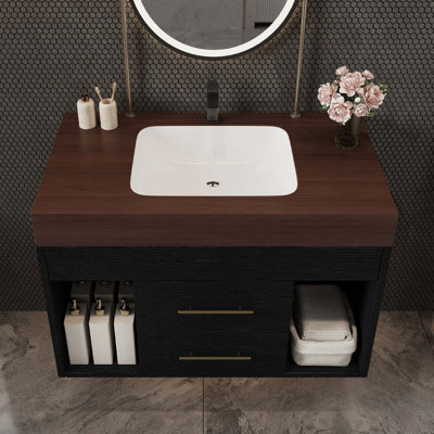 Ensemble de meuble-lavabo flottant moderne 29,9 po avec plateau en pierre frittée, lavabo encastré en céramique, fixation murale pour petite salle de bain, appartement