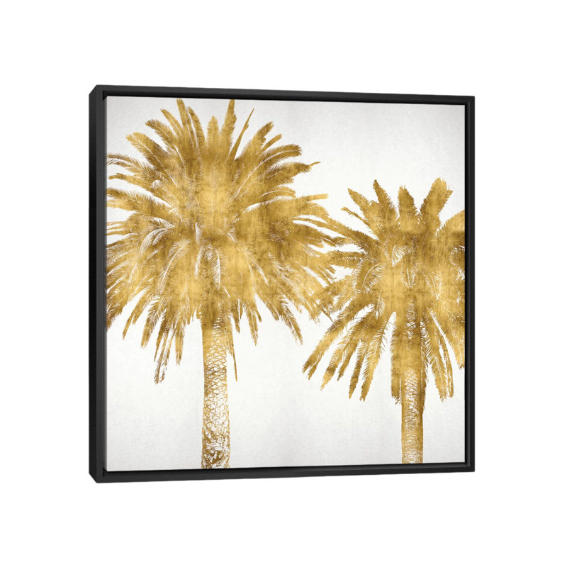 «Palms in Gold IV», impression sur toile, H 26 po x l 26 po x P 1,5 po, Toile avec cadre noir, Pas de tapis