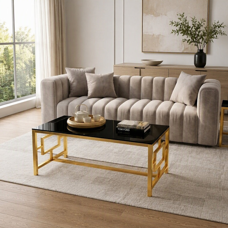 Tempered Glass Top Coffee Table, H 15,8 po x l 47,2 po x P 23,6 po, Black / Gold