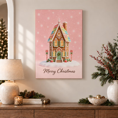 Art mural sur toile de maison de pain d'épice avec toit arc-en-ciel et neige rose