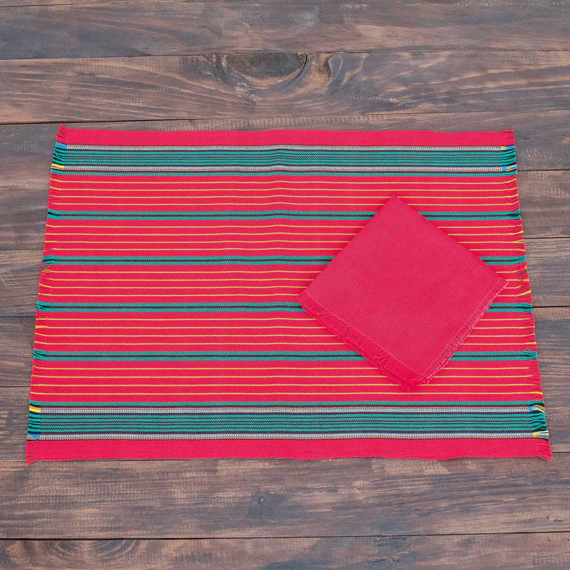 Latitude Run® Handmade Red Christmas Cotton Table Linen Set (Set For 6)