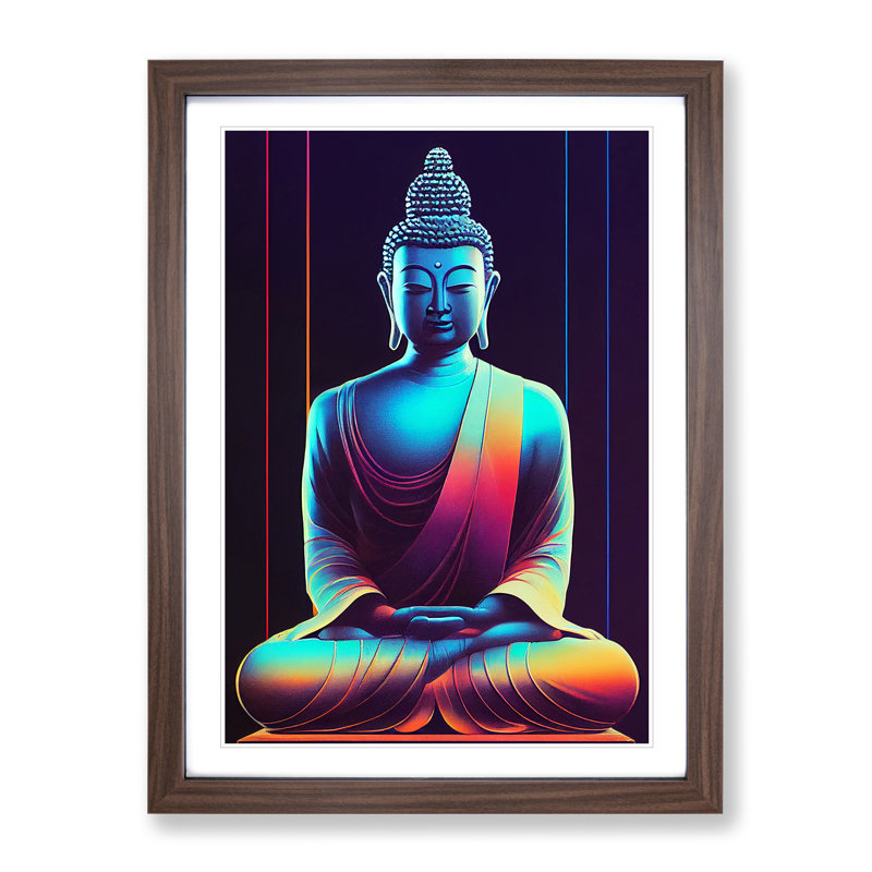 Buddha in Neon - Wall Art, 48cm H x 36cm W, Walnut Framed, White