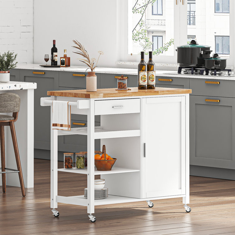 37.8 Wide Rolling Kitchen Island with Solid Wood Top Winston Porter Base Finish: White/Oak