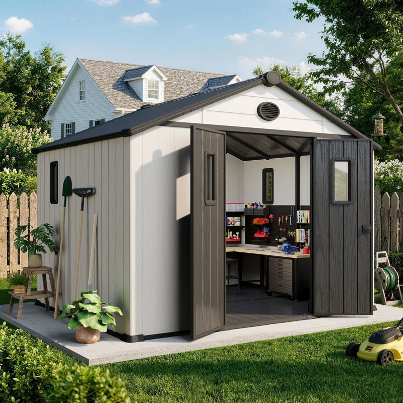 Resin Outdoor Storage Shed With Floor And Windows, Weather-resistant Plastic Storage Shed With Reinforced Steel Structure, Easy to Assemble