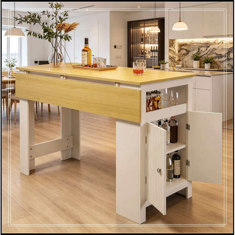 Nichols avec plateau pliable, armoire de rangement à 2 portes et étagères réglables, White+Natural
