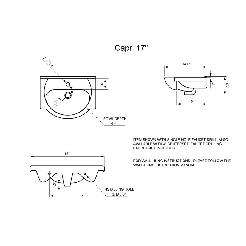 Capri 18" Wall-Hung Ceramic Top In White, Single