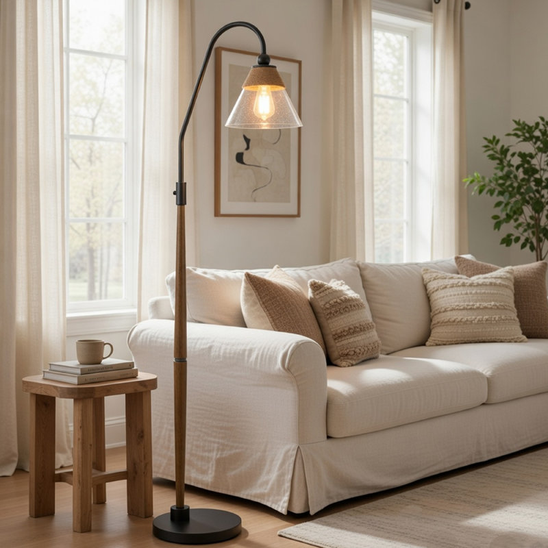 Lampe sur pied, abat-jour en verre bullé, bois industriel avec détails en corde, noir 71 po