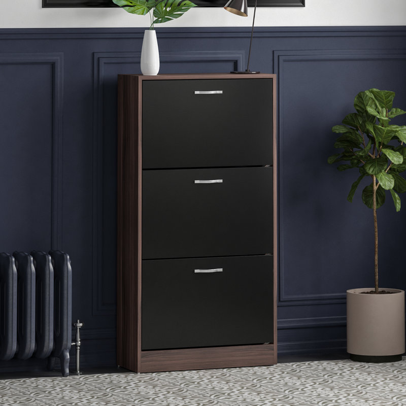 Vida 3 Drawer Flip Down Shoe Storage Free Standing Cabinet For Hallway, Walnut/Black, 118" H x 60" W x 24" D