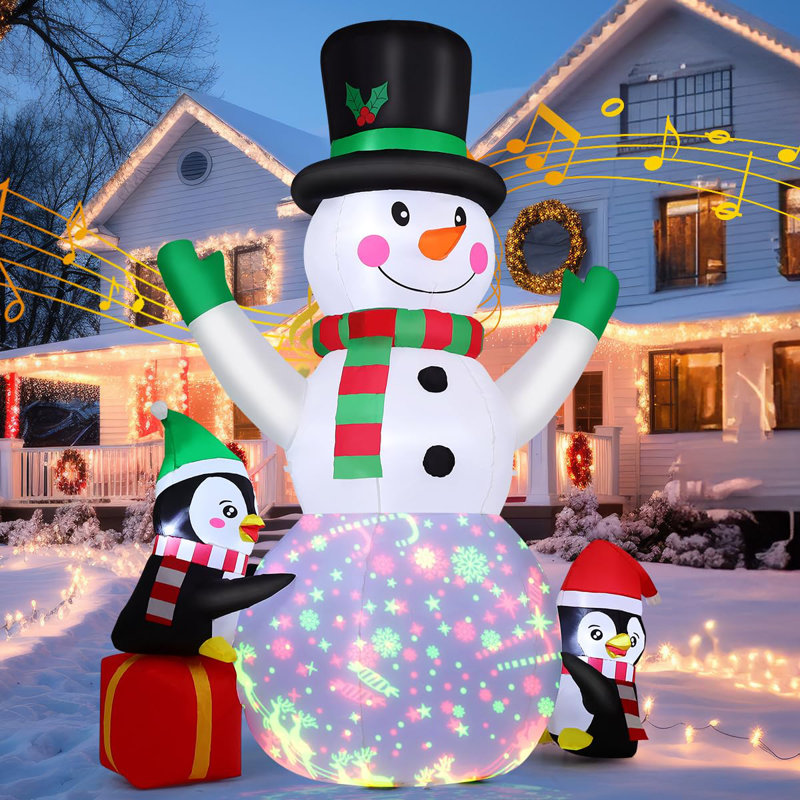 Bonhomme de neige gonflable de Noël 8 pi et deux pingouins avec musique et DEL rotatives GOOSH