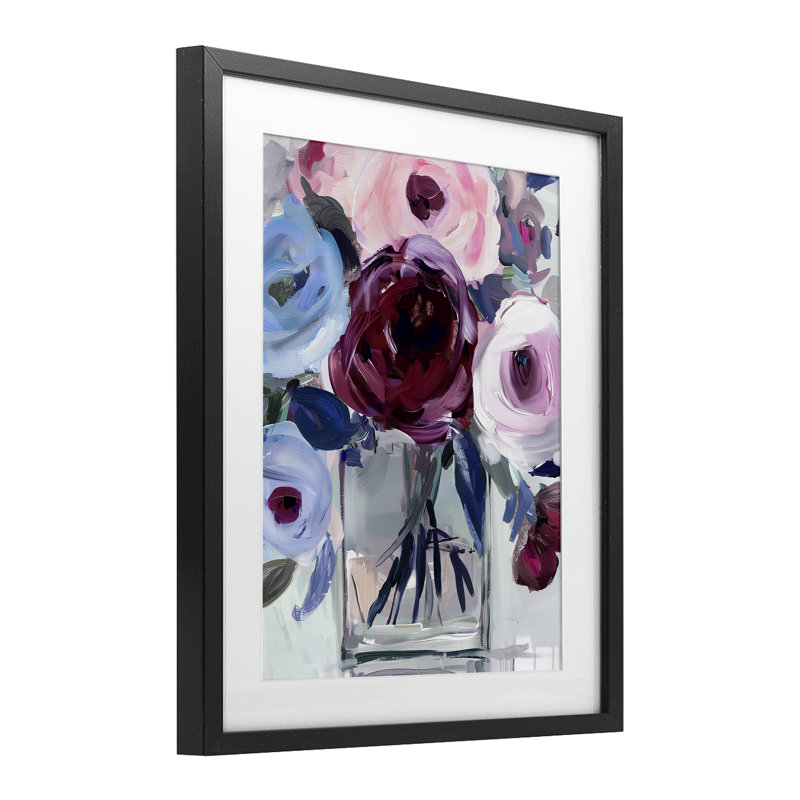 «Wine & Wedgewood Bouquet», reproduction sous verre, conception par Annabelle Hall, H 16 po x l 13 po, Cadre noir minuit