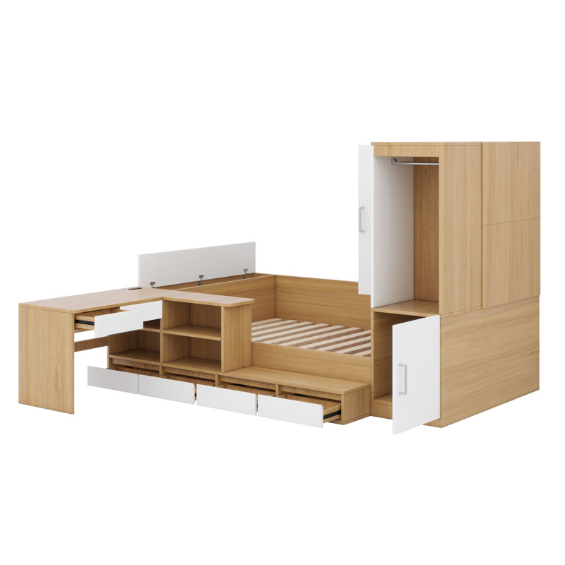 Lit plateforme en bois avec tiroirs, tablettes, bureau et garde-robe, Naturel