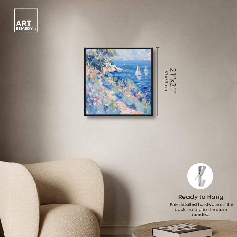 Bateaux, au-delà des collines, toile, art côtier classique par Art Remedy, H 21 po x l 21 po x P 1,8 po, Cadre flottant noir