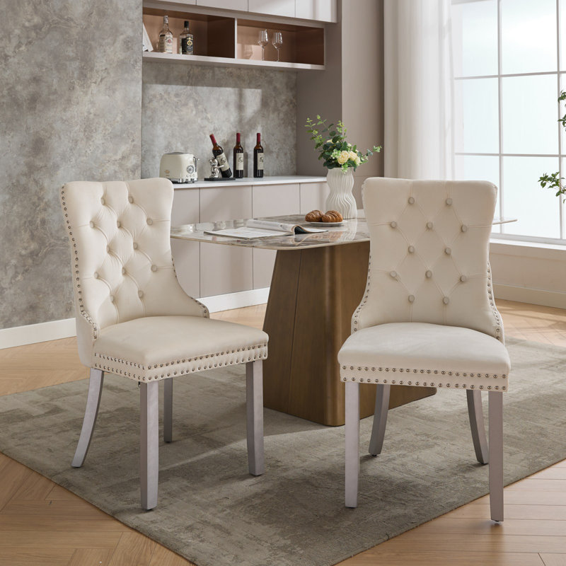 Ensemble de 2 chaises de salle à manger en velours Contemporary, Blanc lait, Argent argent