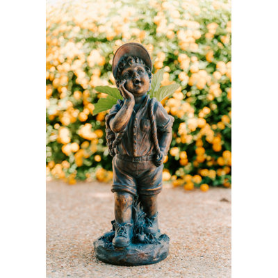  24" H Faux Bronze Magnesium Oxide Walking Boy Garden Statue w/Small Flower Plant Pot, Outdoor Décor, Natural Design Sculpture