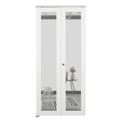 30 In. X 80 In. Mirrored Glass Solid Core White Composite Bi-Fold Door With Hardware Kit And Door Handle