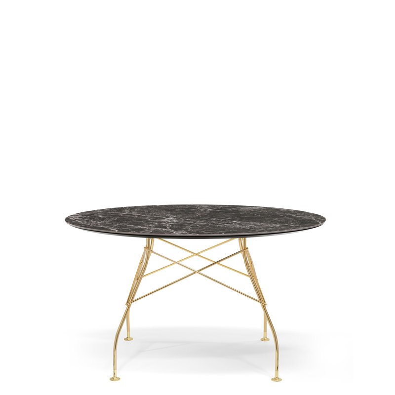 Glossy Round Dining Table, Black Marble, Gold, 50.39" W x 50.39" L