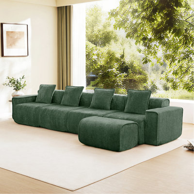 Canapé modulaire en L à 4 places avec passepoil à bordure française, sans assemblage requis, canapé à 4 places avec coussins décoratifs et 1 repose-pieds mobile, tissu de velours vert