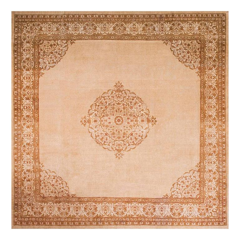 1900s Camel OpenField Medallion Antique Indian Agra Carpet 14'8"x14'10" Wool Rug