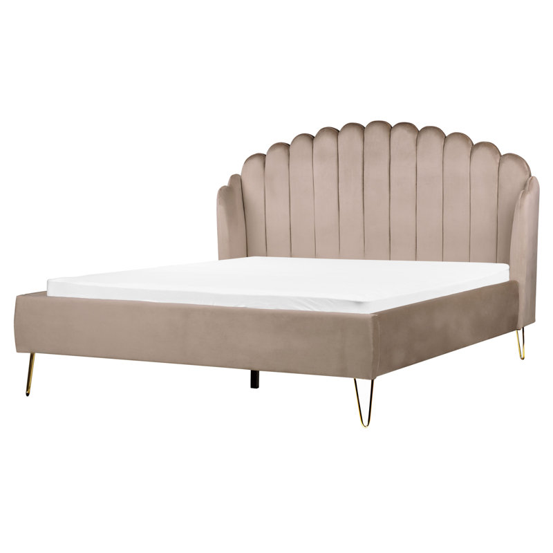 Azmina Upholstered Velvet Bed, European Kingsize (160 x 200cm), Beige/Gold