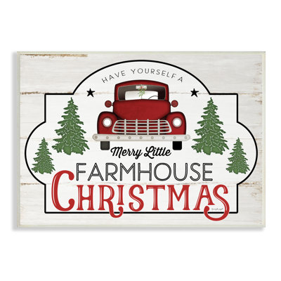 «Merry Little Farmhouse Christmas», camion rouge, forêt, par Jennifer Pugh - Art textuel