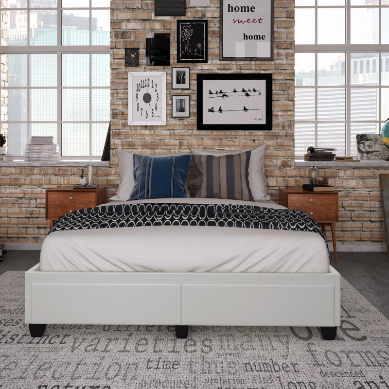 Parma Upholstered Faux Leather Platform Storage Bed, White, Queen