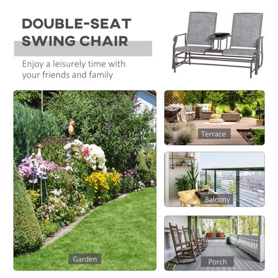 Herrman 2 Seats Garden Glider Bench with Glass Top Centre Table Brown/Grey